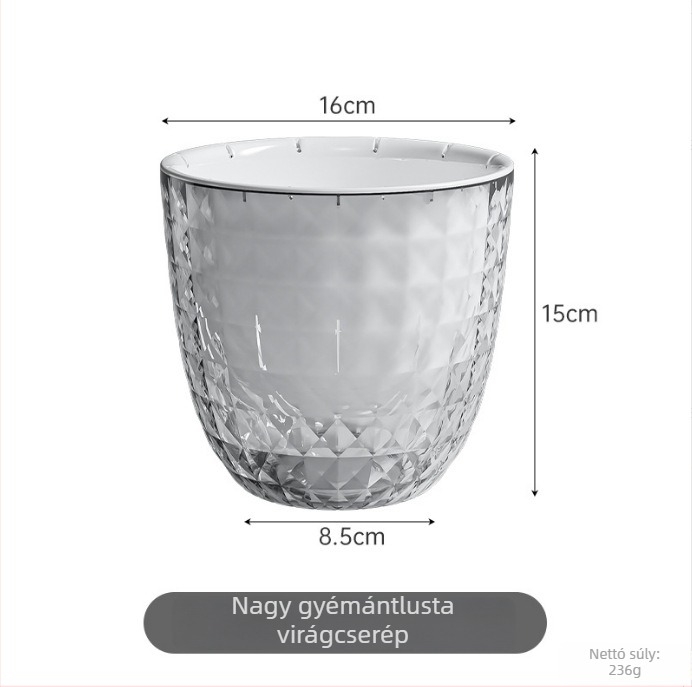 Műanyag virágtartó asztali és padlóra, egy darabból öntött forma, átlátszó, korrózióálló, víztakarékos