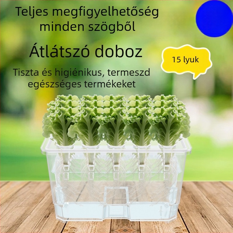 Élelmiszer-minőségű műanyagból készült hidroponikus tartály, asztali vagy padlóra helyezhető, otthoni és erkélyes kertészkedésre.