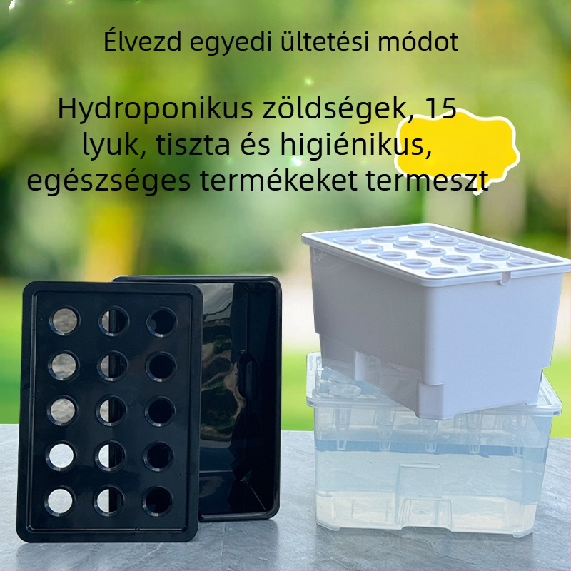 Élelmiszer-minőségű műanyagból készült hidroponikus tartály, asztali vagy padlóra helyezhető, otthoni és erkélyes kertészkedésre.
