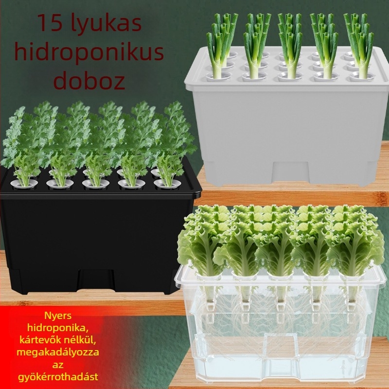 Élelmiszer-minőségű műanyagból készült hidroponikus tartály, asztali vagy padlóra helyezhető, otthoni és erkélyes kertészkedésre.