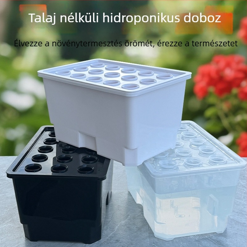 Élelmiszer-minőségű műanyagból készült hidroponikus tartály, asztali vagy padlóra helyezhető, otthoni és erkélyes kertészkedésre.