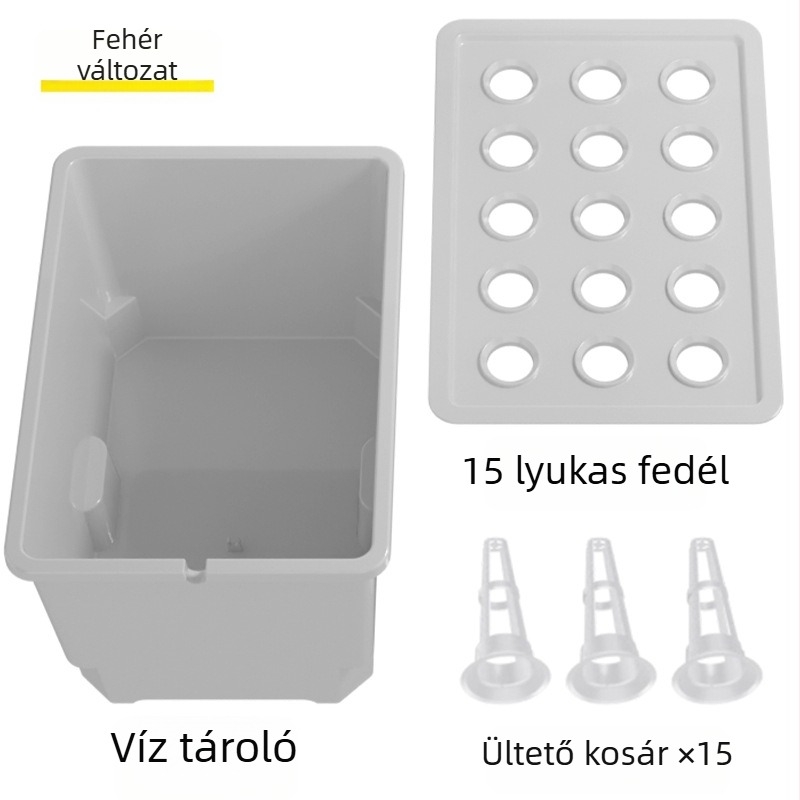 Élelmiszer-minőségű műanyagból készült hidroponikus tartály, asztali vagy padlóra helyezhető, otthoni és erkélyes kertészkedésre.