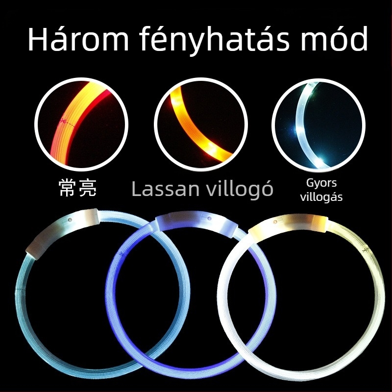 LED fénylő háziállatnyakörv, USB töltésű, műanyagból, kutyáknak és macskáknak