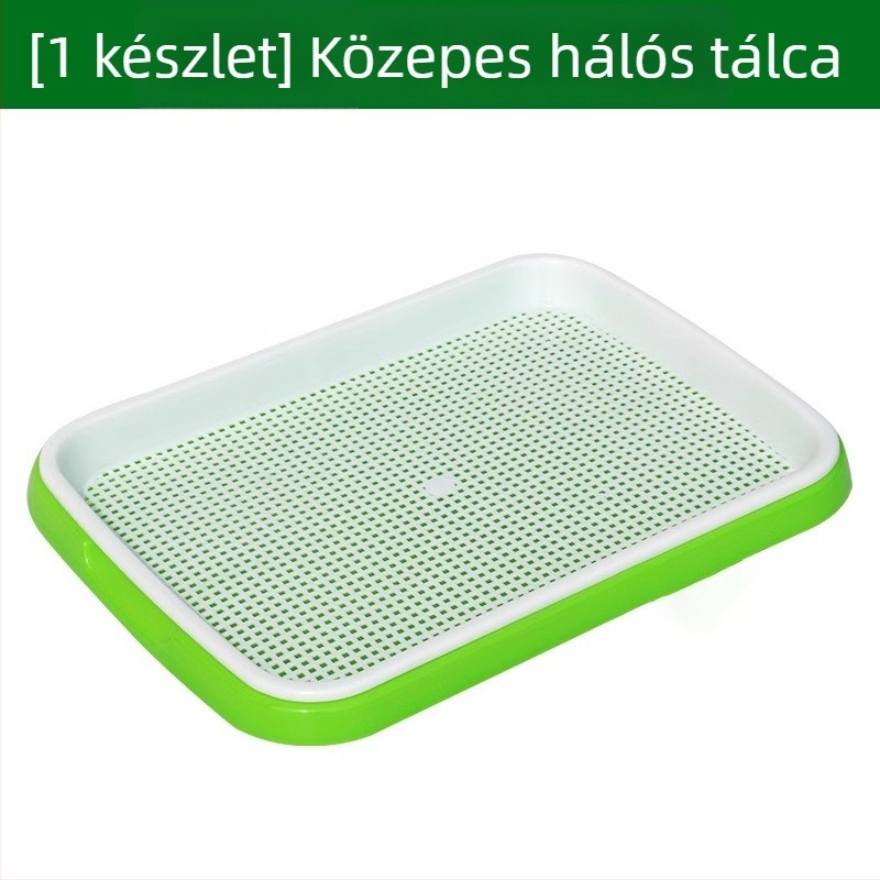 Csíranövény-tálca csíráztatáshoz, erkélyi hidroponikára és talajmentes zöldségtermesztésre; babcsíra, búza és fokhagyma csíranövények.