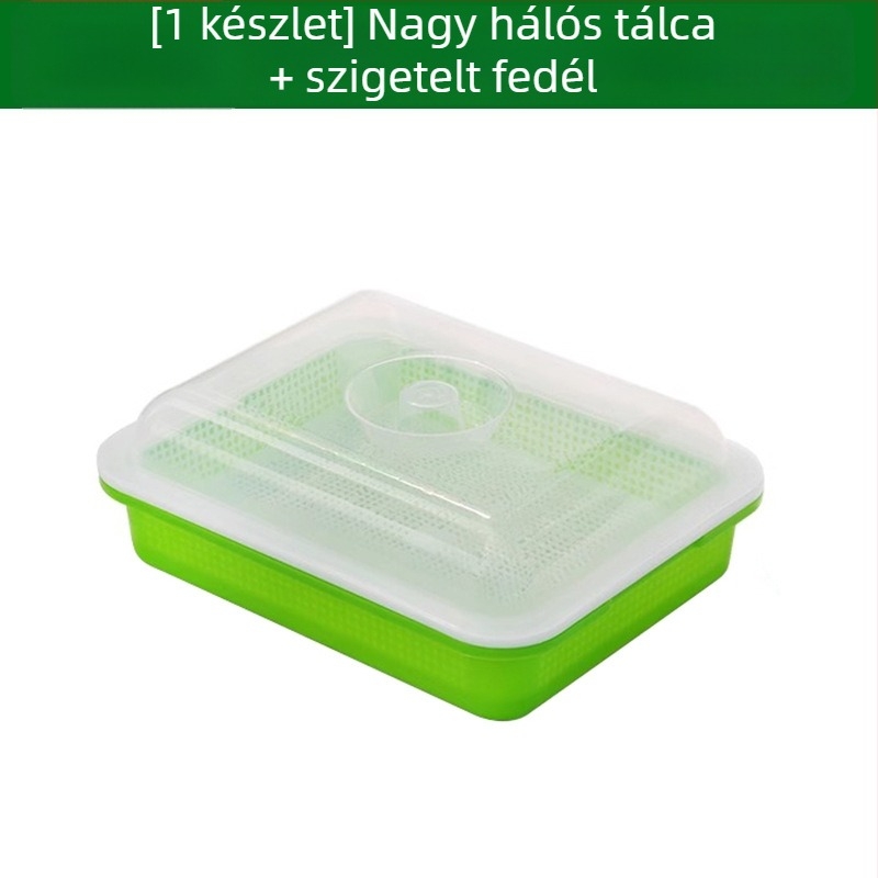 Csíranövény-tálca csíráztatáshoz, erkélyi hidroponikára és talajmentes zöldségtermesztésre; babcsíra, búza és fokhagyma csíranövények.