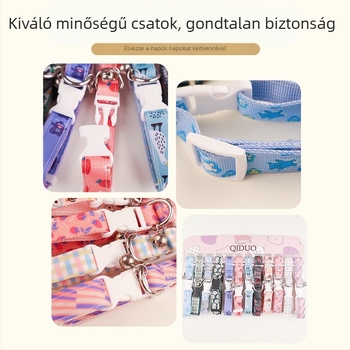 Pamutból készült kutya- és macska nyakörv és póráz haranggal, karikatúra mintával