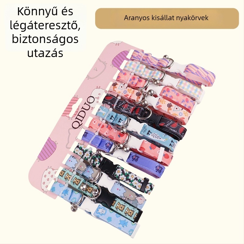 Pamutból készült kutya- és macska nyakörv és póráz haranggal, karikatúra mintával
