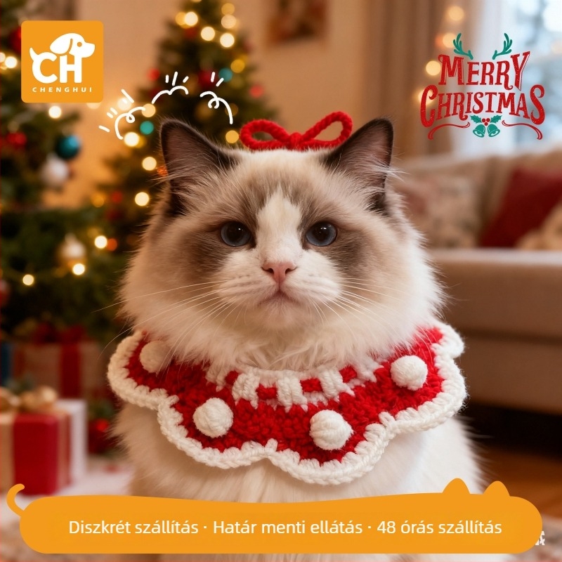 Kötött kisállat nyakörv és dísz Karácsonyi plüss, Teddy stílus British Shorthair