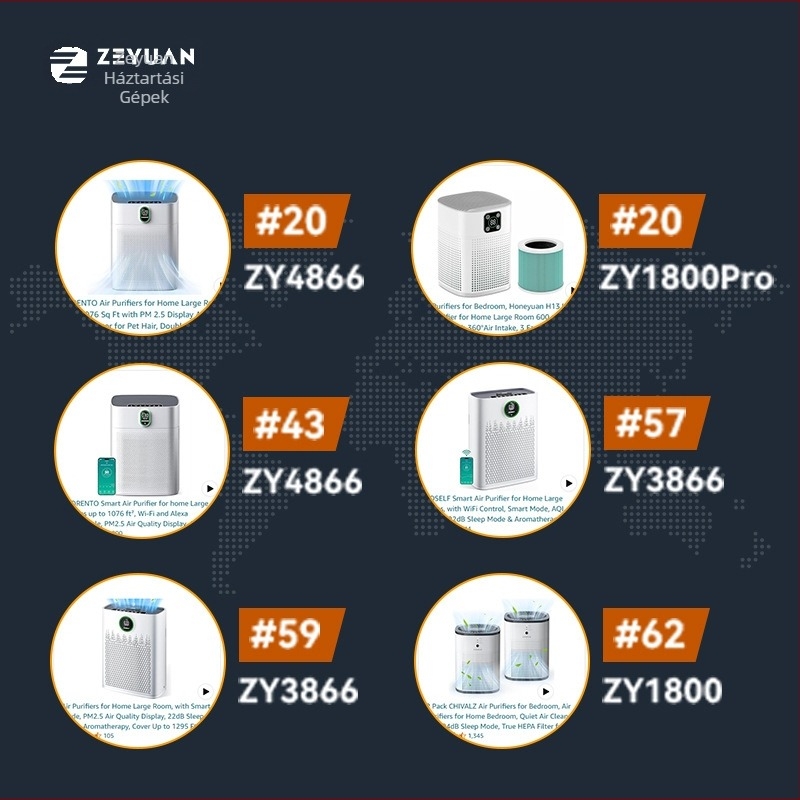 Zy1800 asztali légtisztító HEPA szűrővel, beépített Wi-Fi, 151-300 m³/h, lefedettség 30 m²-ig