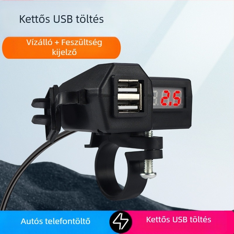 Motorkerékpár USB töltő, két USB porttal, 3.1 A, szivargyújtó, bemenet 10-24V, feszültség kijelző 9-90V