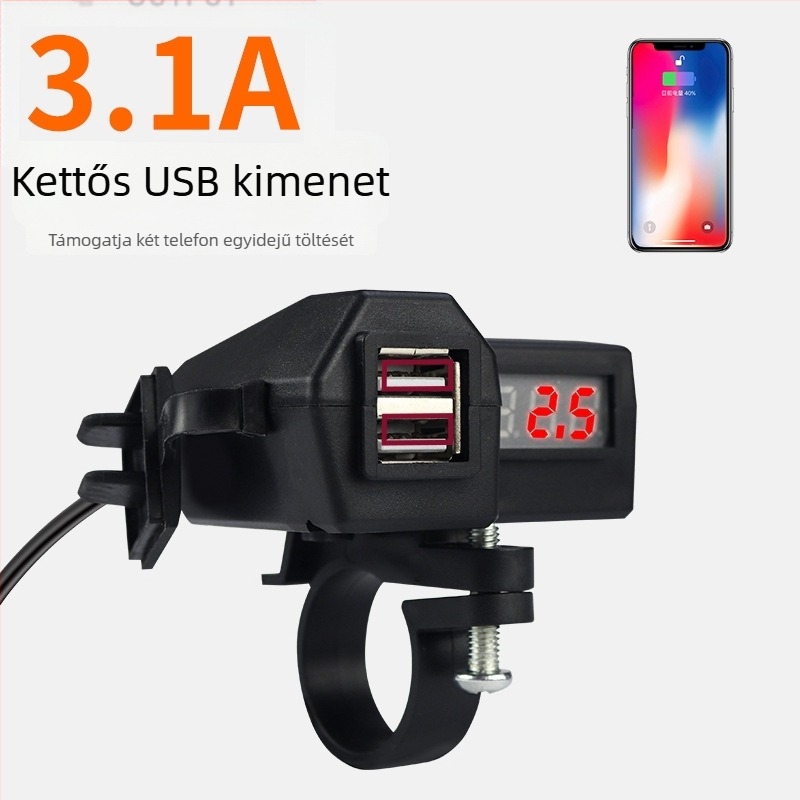 Motorkerékpár USB töltő, két USB porttal, 3.1 A, szivargyújtó, bemenet 10-24V, feszültség kijelző 9-90V