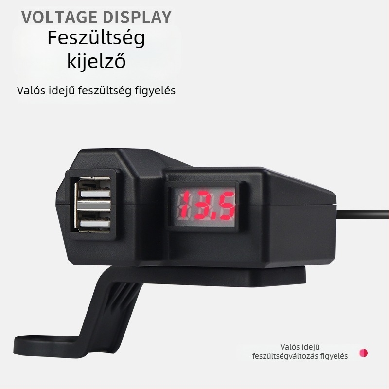 Motorkerékpár USB töltő, két USB porttal, 3.1 A, szivargyújtó, bemenet 10-24V, feszültség kijelző 9-90V