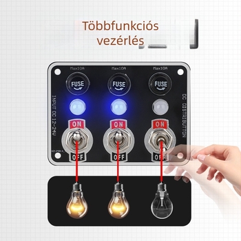 LED kijelzős többkapcsolós panel, cserélhető biztosítéktartóval és kapcsolóval az autó belső részéhez