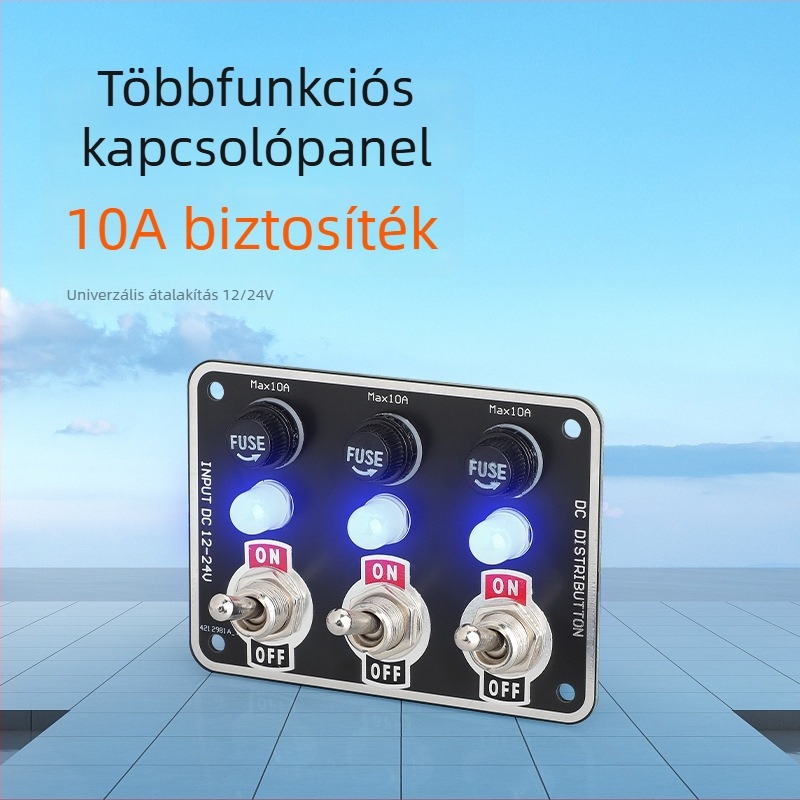 LED kijelzős többkapcsolós panel, cserélhető biztosítéktartóval és kapcsolóval az autó belső részéhez
