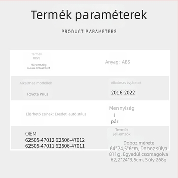 Hátsó háromszög ablakdísz panel Toyota Prius számára 2016–2022 – ABS anyag, modellek: 62505-47012, 62506-47012, 62505-47011, 62506-47011