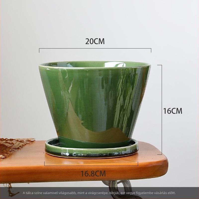 Nagy átmérőjű kerámiavirágcserép, zöld, fényűző megjelenés, skandináv minimalist stílus, tálcával ellátott virágcserép készlet, 20 cm