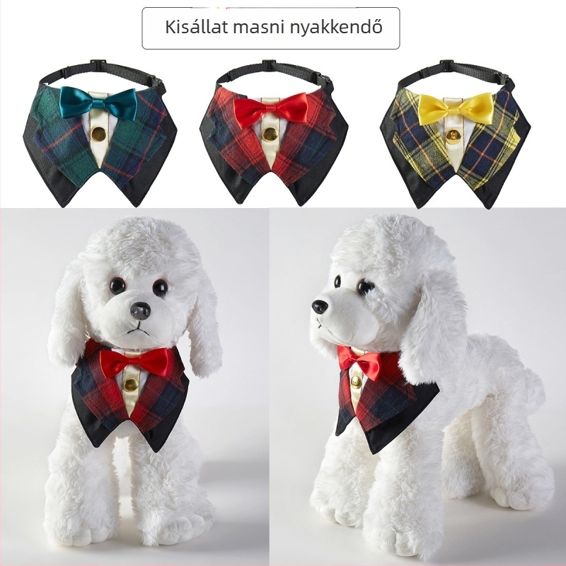 Brit stílusú kisállat masni-nyakpánt, macska és kutya számára, kockás mintázat, pamut-polyester