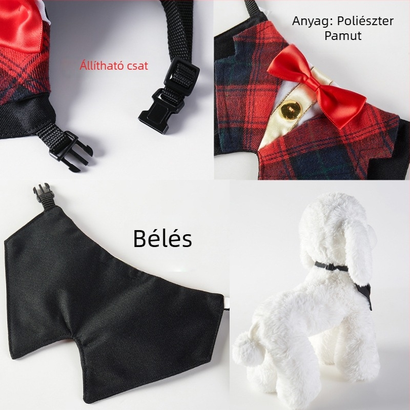 Brit stílusú kisállat masni-nyakpánt, macska és kutya számára, kockás mintázat, pamut-polyester