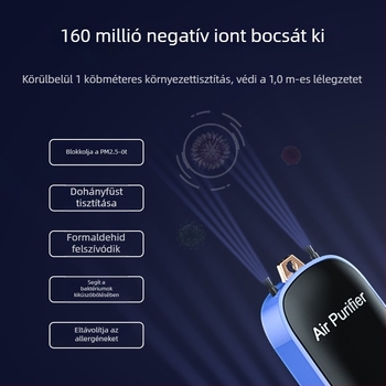 Nyaklánc-stílusú USB levegőtisztító negatív ionokkal – hordozható, alacsony zajszint, 50 m³/h, 10 m²-ig alkalmas