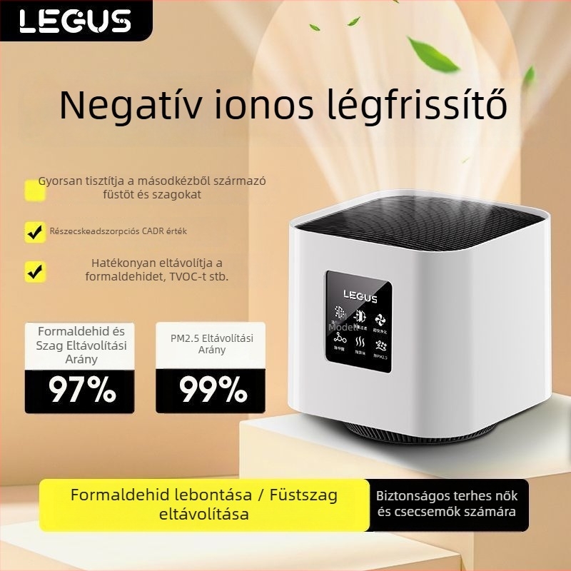 Légszűrő negatív ionokkal és formaldehid eltávolítással, alacsony zajszint (<36 dB), 50 m³/h légáram, kompozit szűrő, helyiségekben 10 m²-ig