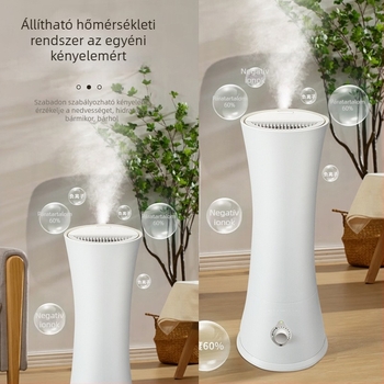 Háztartási párásító: csendes működés, nagy 4.1–6.0 L víztartály, aromaterápia és levegőtisztítás, 21–30 m²-es területhez, USB/AC tápegység, 10 W, 1 párásító kimenet