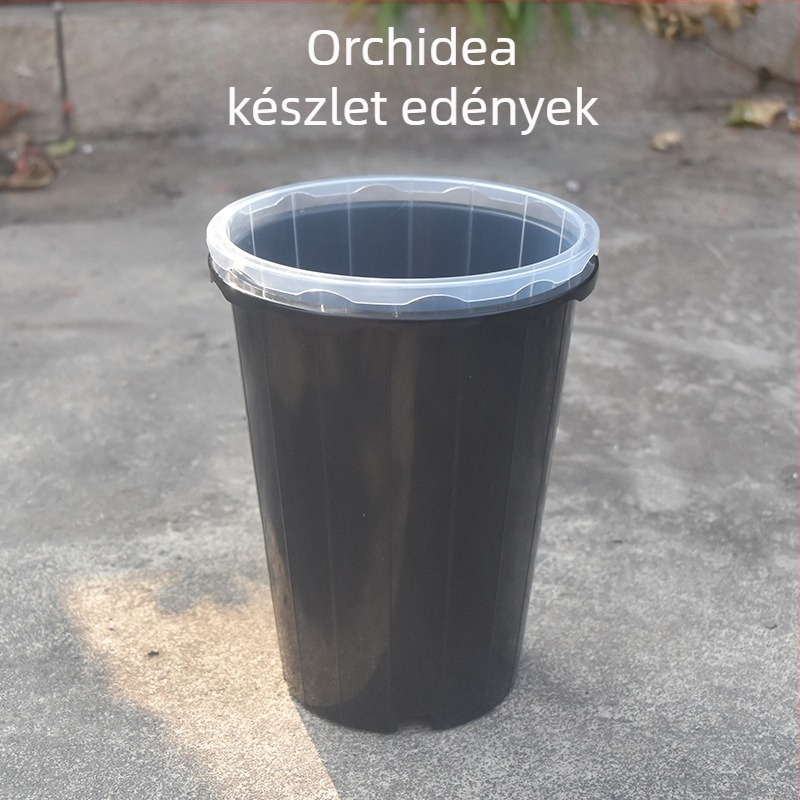 Műanyag orchidea-cserép, padlón álló kivitel, injekciós öntéses gyártás, virágnevelő telepen készülve, egyszerű stílus