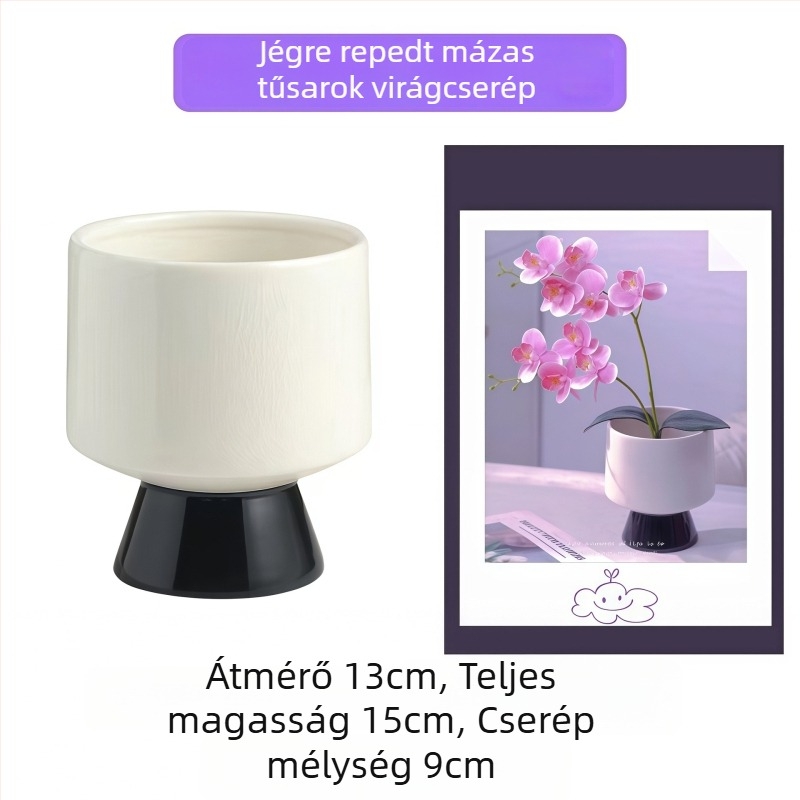 Kerámiavirágcserép jégcsapokra emlékeztető repedezett glazúrral, nordikus stílusú magas talppal, egyetlen orchideához vagy szukkulens növényhez