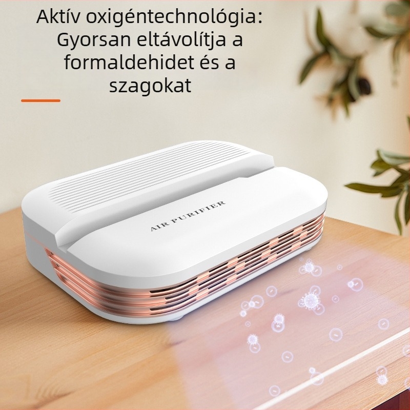 Autó- és otthoni használatra tervezett légtisztító, szagtalanítás és formaldehid eltávolítás, 50 m³/h Légáram, USB táplálás, érintéses vezérlés, ideális 10 m² alatti helyiségekhez