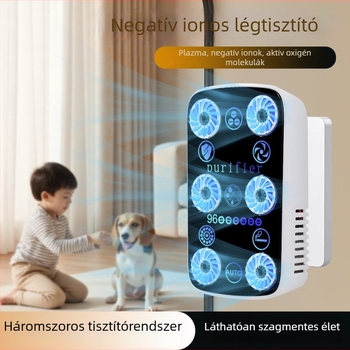 Otthoni negatív ionos légtisztító, alacsony zajszint, 50 m³/h, 11–20 m² területre, falra szerelhető minimalist design, formaldehid eltávolítás és másodlagos dohányfüst elleni védelem.