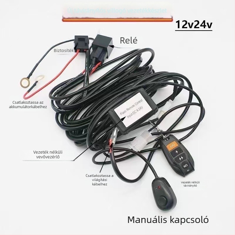 Autó LED-reflektor vezeték nélküli távirányítóval és stroboszkóp móddal, gyújtókapcsoló és hosszú LED-sáv kapcsoló kábellel (12V/24V)