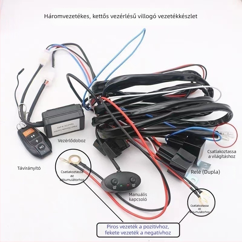 Autó LED-reflektor vezeték nélküli távirányítóval és stroboszkóp móddal, gyújtókapcsoló és hosszú LED-sáv kapcsoló kábellel (12V/24V)
