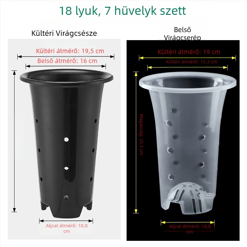 Műanyag virágcserép, légáteresztő, erős és tartós, falra szerelhető, asztali vagy álló használatra, injekciós öntésben készült