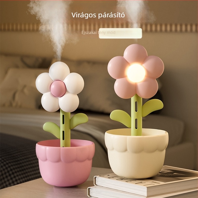 Asztali USB párásító, virág alakú, tartály 0.5–1 L, alkalmas helyiségekben legfeljebb 10 m², 1 párásító kimenet, zaj 36–45 dB