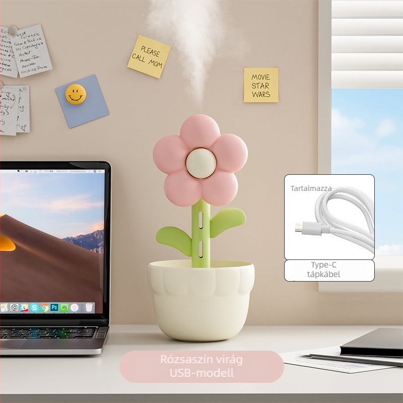 Asztali USB párásító, virág alakú, tartály 0.5–1 L, alkalmas helyiségekben legfeljebb 10 m², 1 párásító kimenet, zaj 36–45 dB