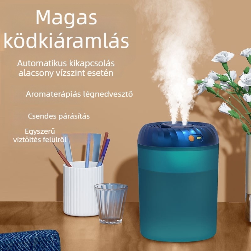 Párásító készülék aromaterápiával és levegőtisztítással, USB tápegység, 1,0–2,5 L tartály, ideális helyiségekhez legfeljebb 10 m², 2 párásító nyílás, időzítő >8 óra