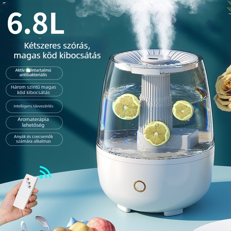 Ultrahangos párásító kettős permetezéssel, lefedettség 60 m² felett, tartály 4,1–6,0 L, zaj 36 dB alatt, időzítő 8 órán felül