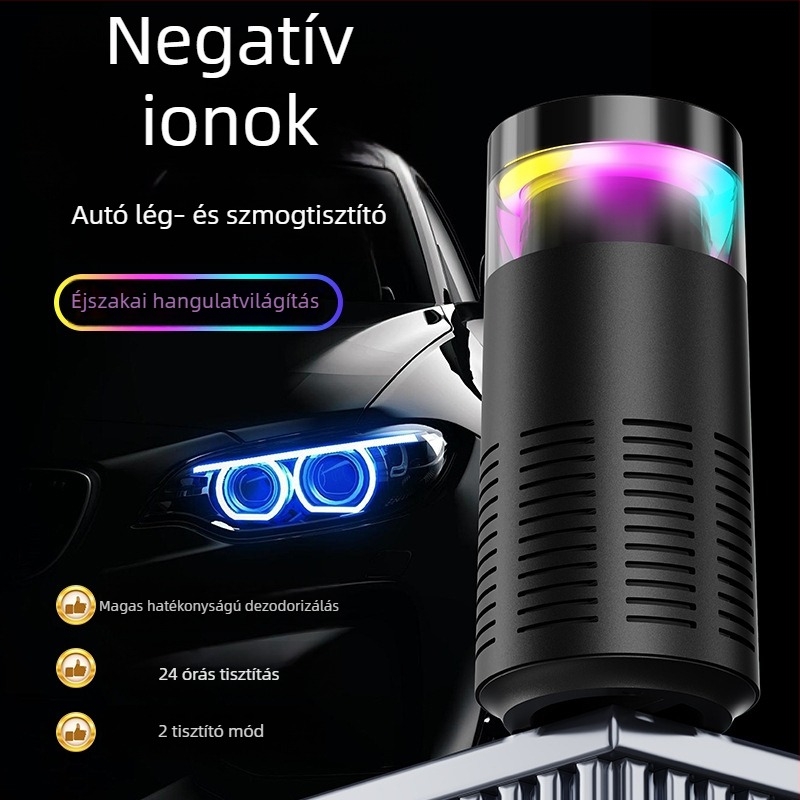 Hordozható autó- és asztali légtisztító negatív ion technológiával – USB táplálás, 50 m3/h levegőáram, 10 m²-es hatókör, 36–45 dB zajszint