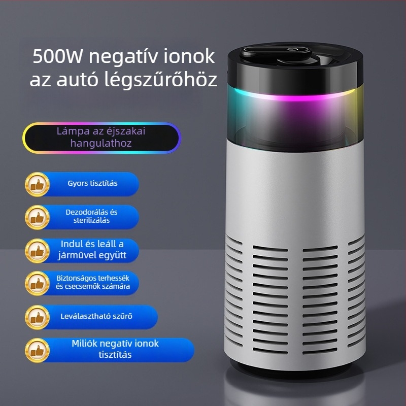 Hordozható autó- és asztali légtisztító negatív ion technológiával – USB táplálás, 50 m3/h levegőáram, 10 m²-es hatókör, 36–45 dB zajszint