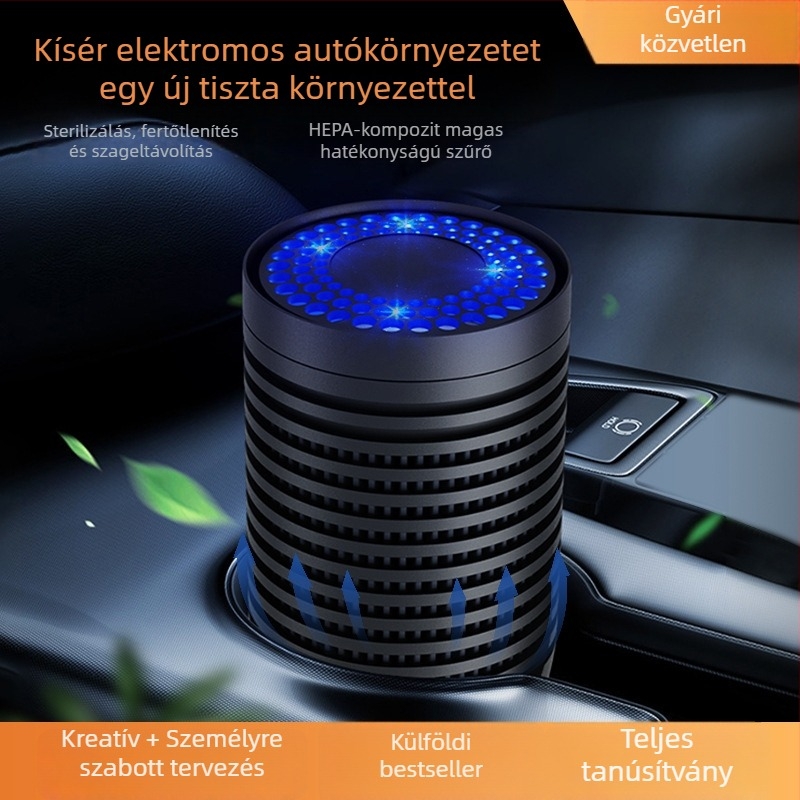 Autóba való légtisztító negatív ionokkal, HEPA és aktív szén, USB-tápellátás, csendes működés 36 dB alatt
