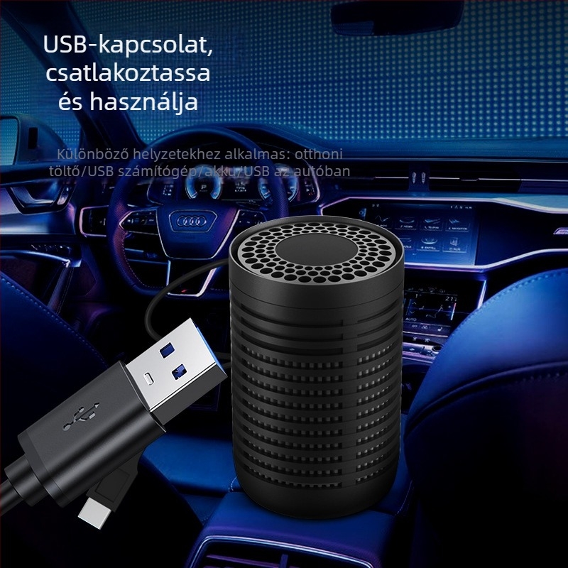Autóba való légtisztító negatív ionokkal, HEPA és aktív szén, USB-tápellátás, csendes működés 36 dB alatt