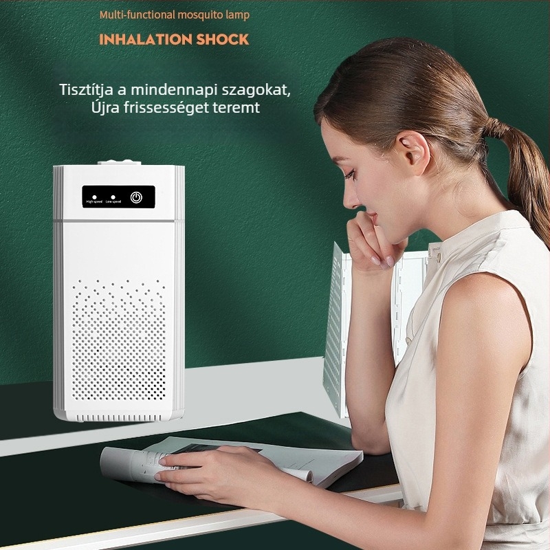 Légtisztító negatív ionokkal és fertőtlenítéssel; légáramlás 50 m³/h, zaj <36 dB, USB táplálás, lefedettség 21–30 m²