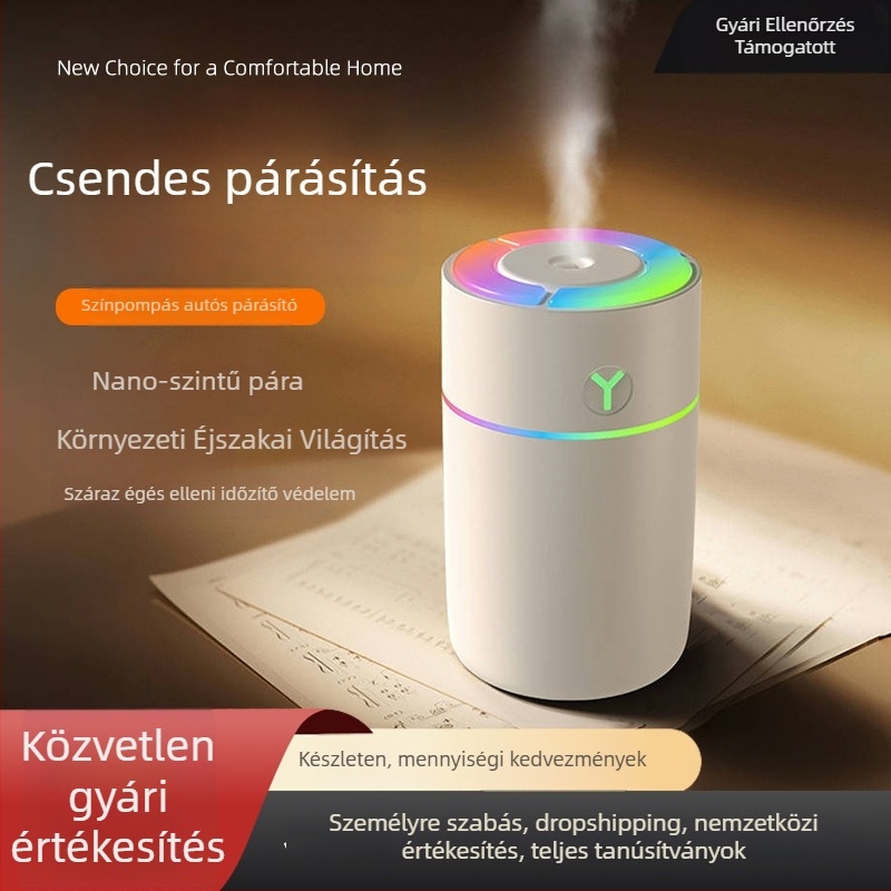 USB-s ultrahangos autó párásító – kompakt levegőtisztító és aromaterápiás készülék (0,5 L tartály; 1 köd kimenet; időzítő 2–8 óra; 2 W; USB tápegység)