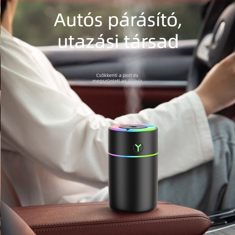 USB-s ultrahangos autó párásító – kompakt levegőtisztító és aromaterápiás készülék (0,5 L tartály; 1 köd kimenet; időzítő 2–8 óra; 2 W; USB tápegység)