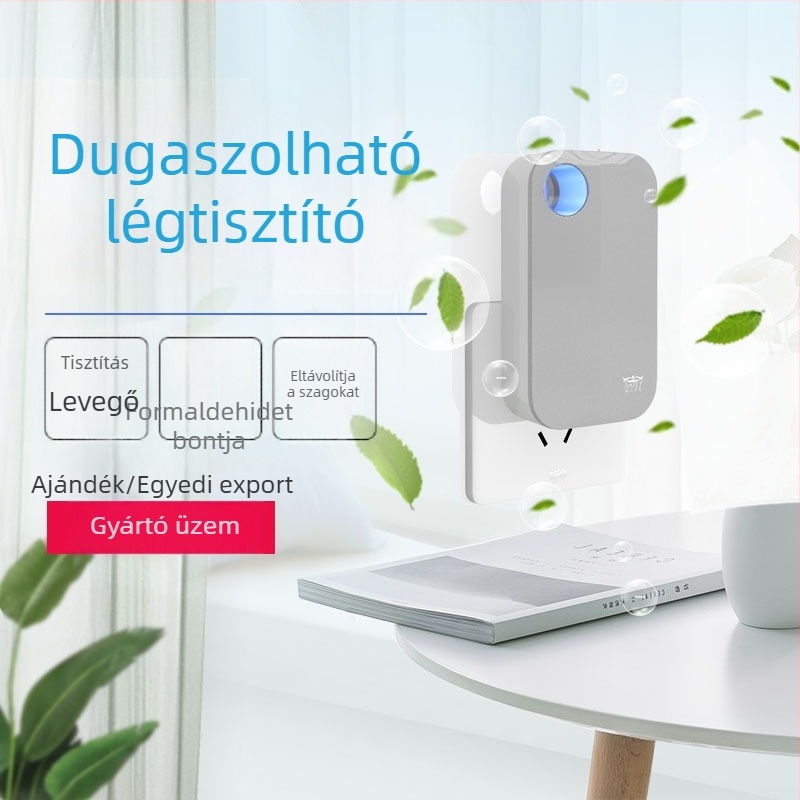 Kompakt asztali légtisztító negatív ionokkal por és szag eltávolítására, csendes működés, 10 m²-ig.