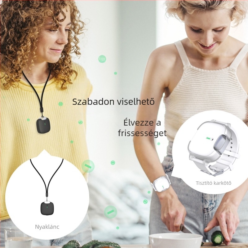 Viselhető légszűrő negatív ionokkal — elnyeli a szagokat és PM2.5-öt, zaj < 36 dB, légáram 50 m3/h, akkumulátoros működés, viselhető csuklón vagy nyakon