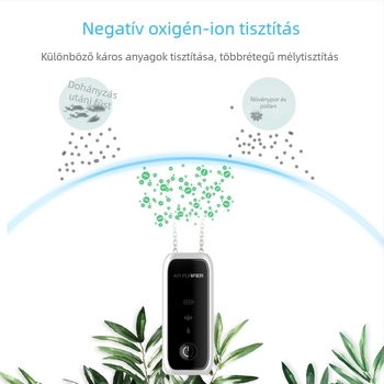 Hordozható nyakba akasztható negatívionos légtisztító, USB-tápellátás, 50 m³/h, zaj ≤36 dB, alkalmas legfeljebb 10 m²-es térre