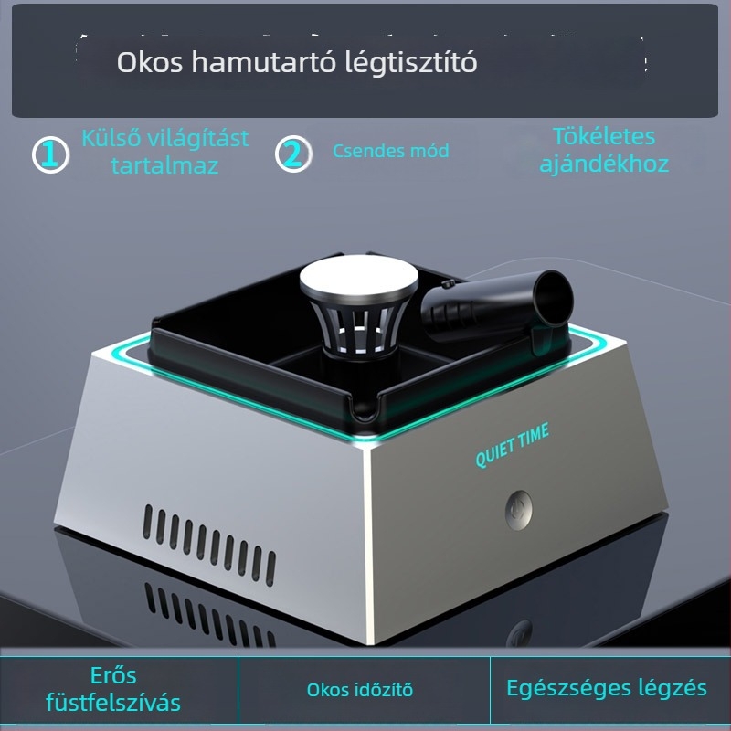 Asztali okos hamutál negatív ionokkal – szag és másodlagos dohányzás eltávolítása (zaj <36 dB; levegőáram 50 m³/h; USB tápegység; gombos vezérlés; otthoni használatra 10 m²-ig)