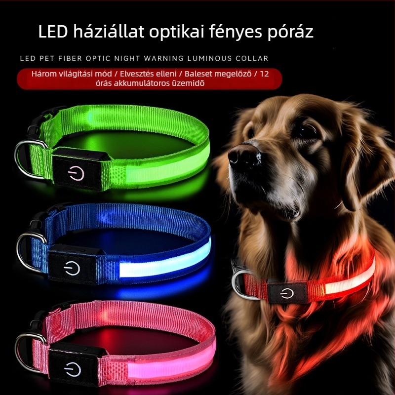 USB-töltésű világító kutyanyakörv, nylonból, magas fényerő verzió