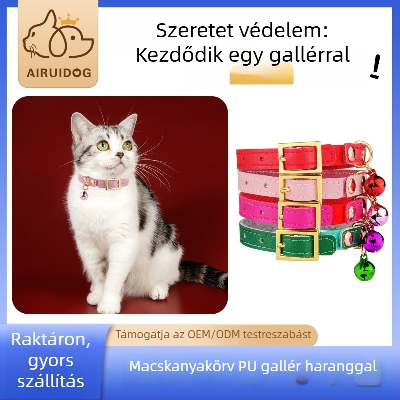 Valódi bőrből készült macska nyakörv csengővel