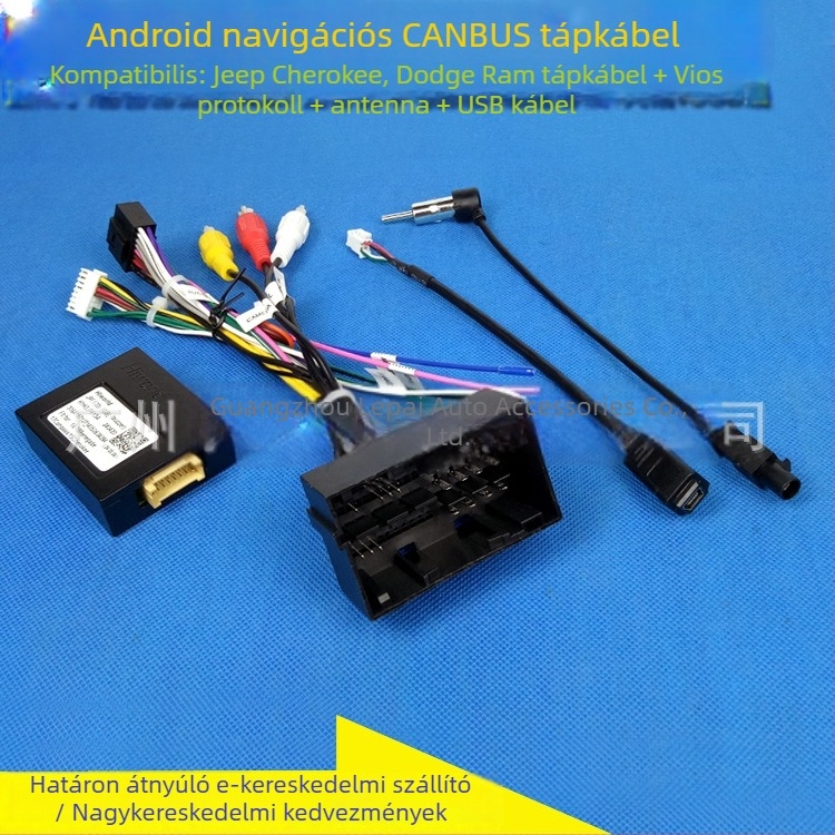 Android navigációs tápegység-kábel protokoll-doboz Jeep Wrangler, Grand Commander, Liberty, Compass és Renegade számára